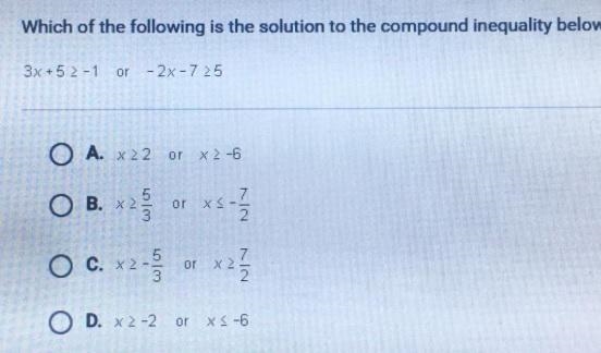 Which of the following is the solution to the compound inequality below? 3x+5 -1 or-example-1