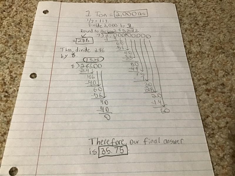 What is one seventh of a ton divide by 8-example-1