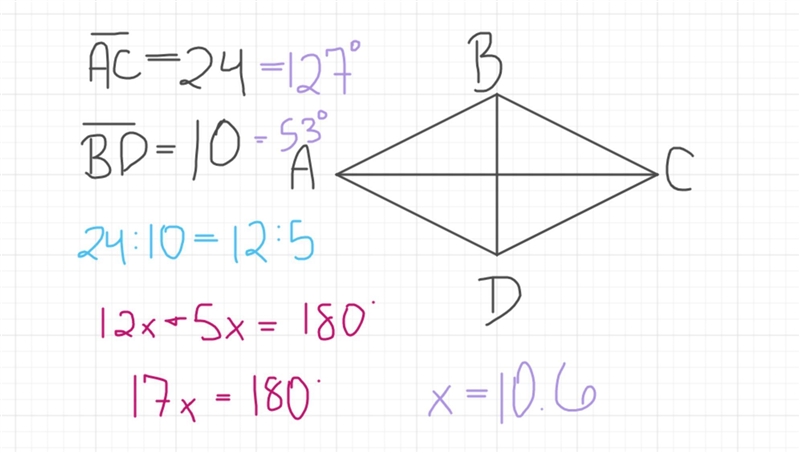 The diagonals of a rhombus measure 10 cm and 24 cm. To the nearest degree find the-example-1