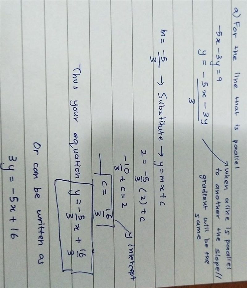 Consider the line -5x - 3y = 9. Find the equation of the line that is parallel to-example-2