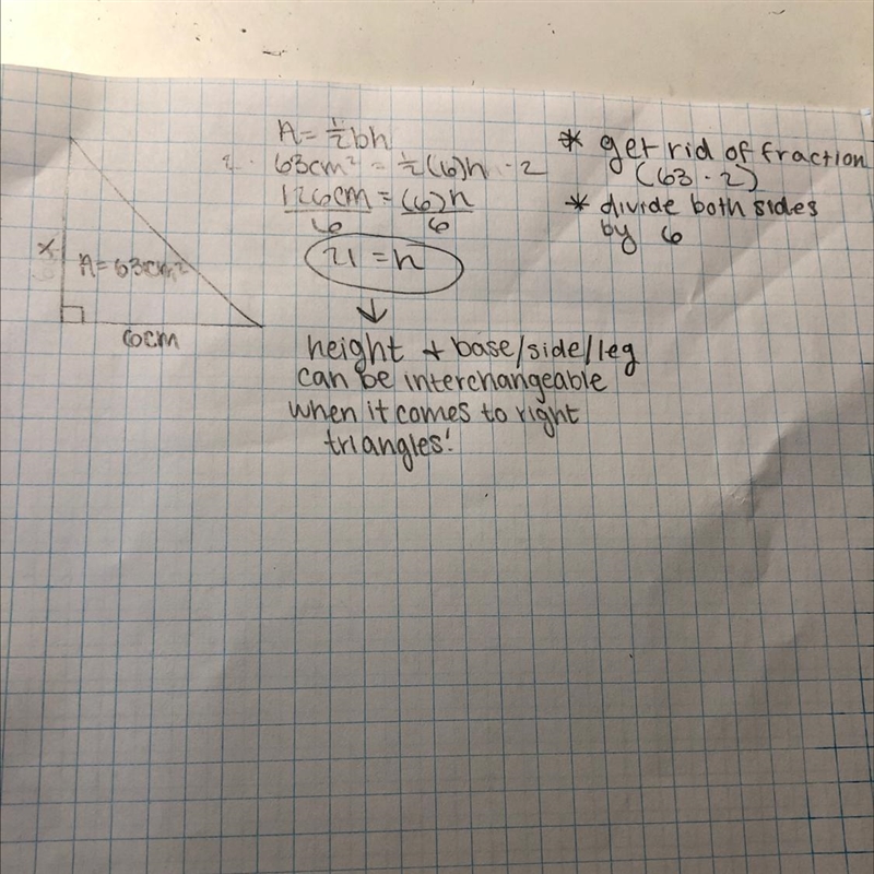 Area of a Triangle Find the base of a right triangle that has a side of 6 cm and an-example-1