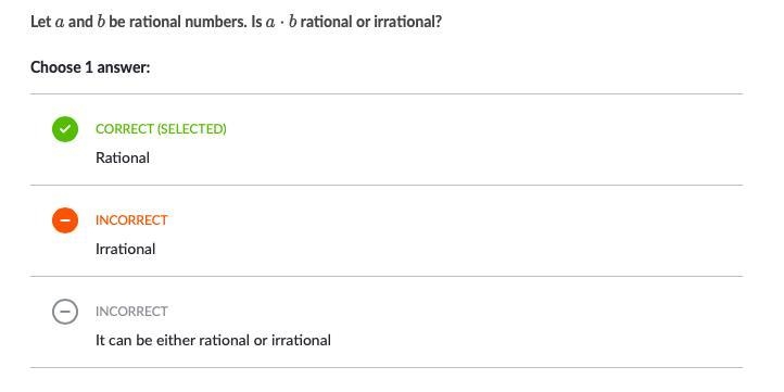 Let a and b be rational numbers is a•b rational or irrational-example-1