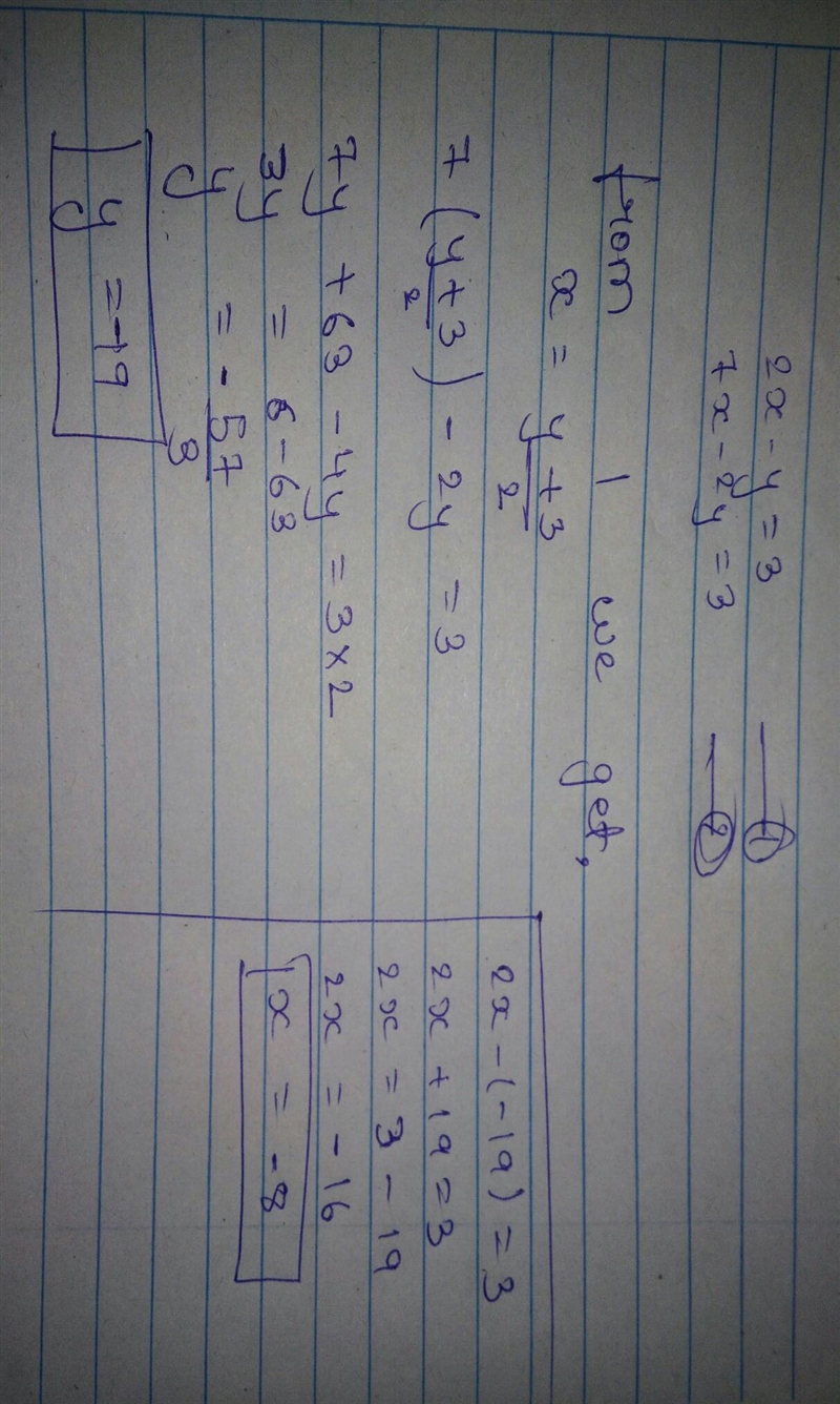 Solve the following system of equations: {2x−y=3 7x−2y=3-example-1