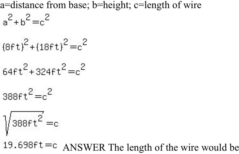 A wire is needed to support a vertical pole 18 feet high. The cable will be anchored-example-1