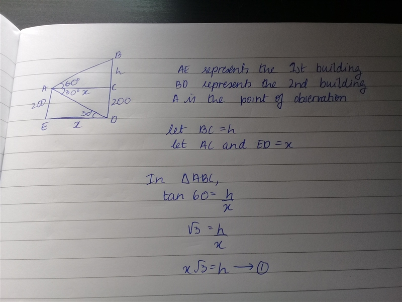 Trigonometry problem 1. From The Top of a 200 meters High Building The Angle of depression-example-1