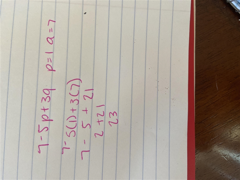 Evaluate 7- 5p + 3q when p=1 and a=7-example-1