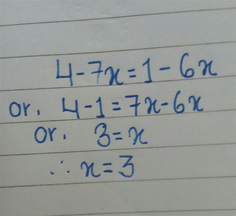 How to solve 4-7x=1-6x-example-1