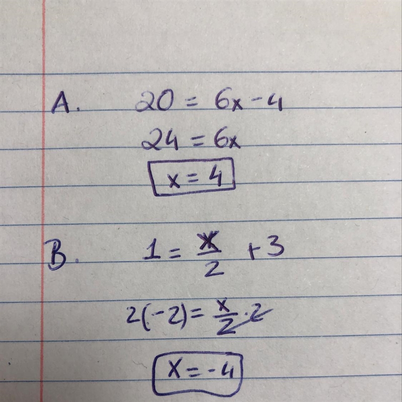 Find the value of x for the given value of y: A: y=6x-4;y=20 B:y=x/2+3;y=1​-example-1