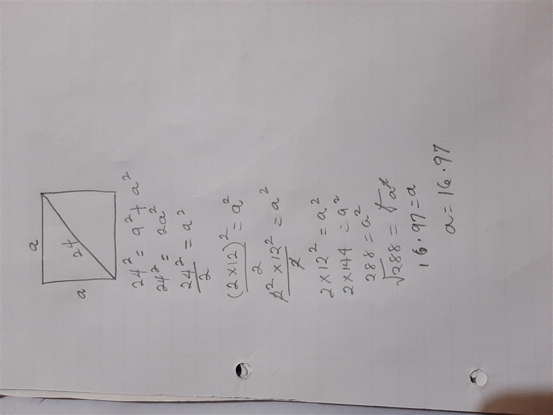 A square has a diagonal length of 24 inches.what cold be the measures of the base-example-1