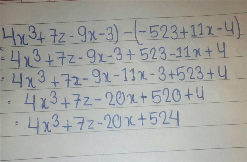 (4x3 + 7z– 9x – 3) - (-523 + 11x – 4)-example-1