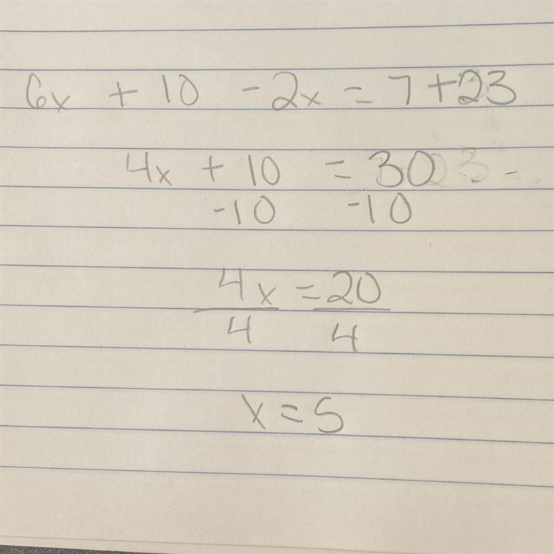 What is the solution to this equation? 6х + 10 - 2x = 7+ 23 ОА. х = 4 OB. х = 2 Ос-example-1