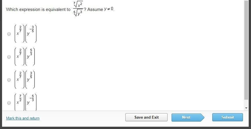 Which expression is equivalent to 7square root x^2/5 square root y^3? assume y≠0-example-1