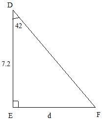 Triangle D E F is shown. Angle D E F is 90 degrees and angle F D E is 42 degrees. The-example-1