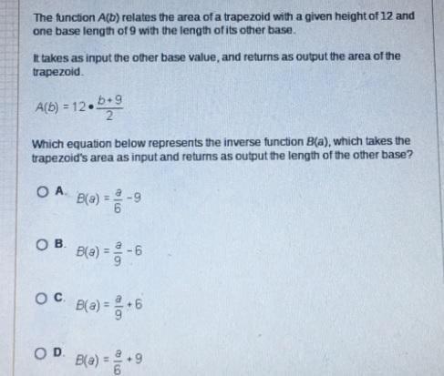 The function A(b) relates the area of a trapezoid with a given height of 12 and one-example-1