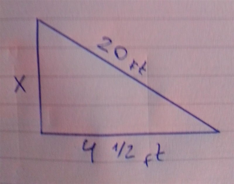 The bottom of a 20-foot ladder is placed 4 ½ feet from the base of a house. To the-example-1