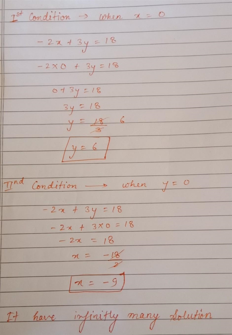 Given: -2x + 3y = 18. When x has a value of zero, what is the value of y? When y has-example-1