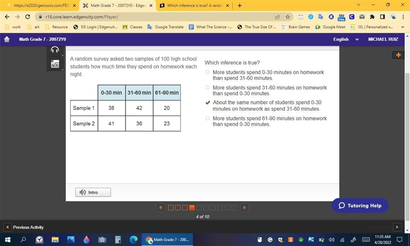 Which inference is true? A random survey asked two samples of 100 high school students-example-1