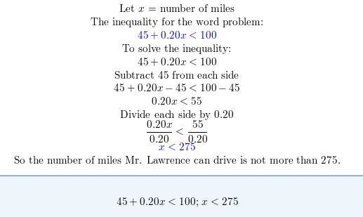 9. A rental car company charges $45 plus $0.20 per mile to rent a car. Mr. Lawrence-example-1