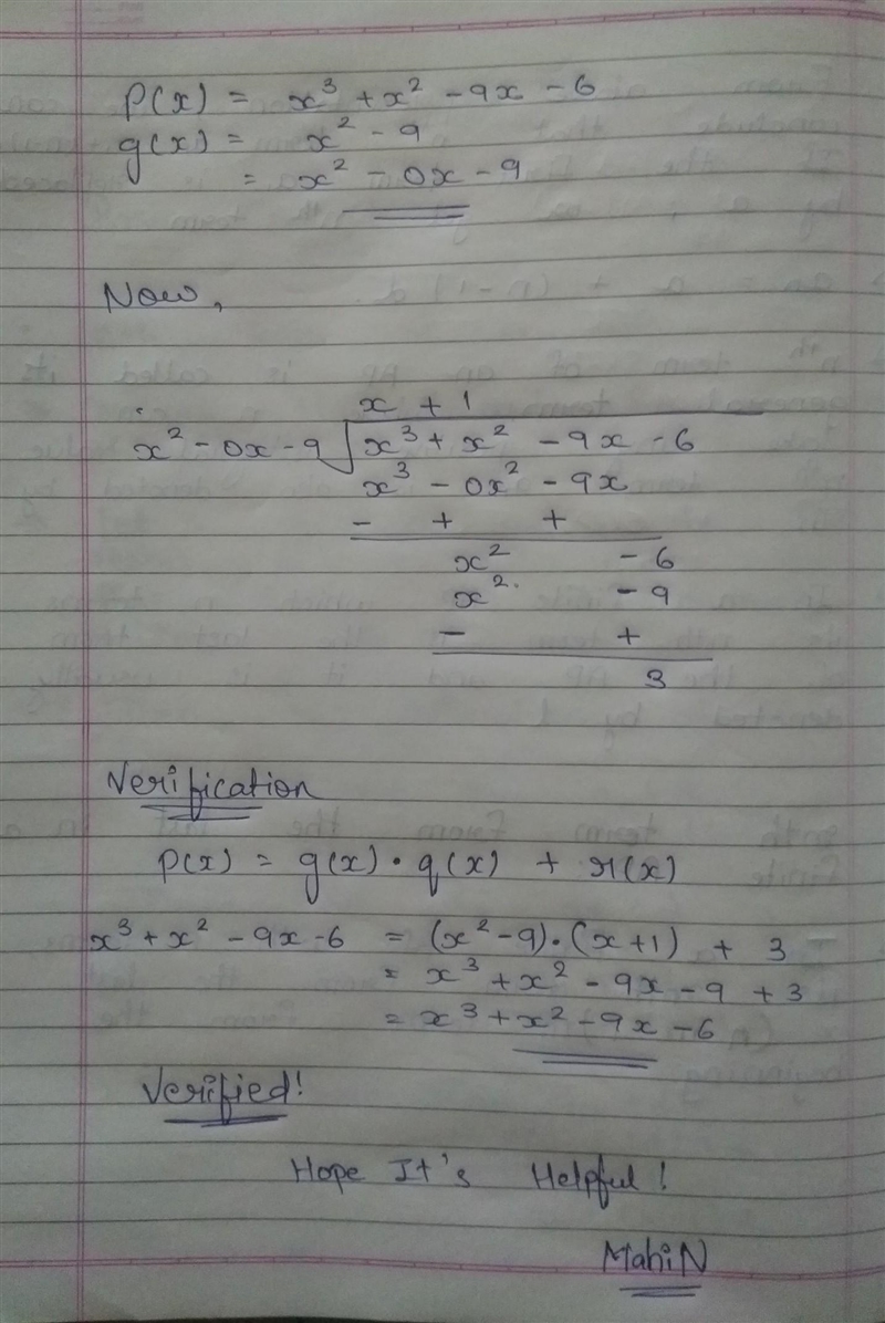 Divide using polynomial long division (x3 + x2 - 9x - 6) ÷ (x2 - 9)​-example-1