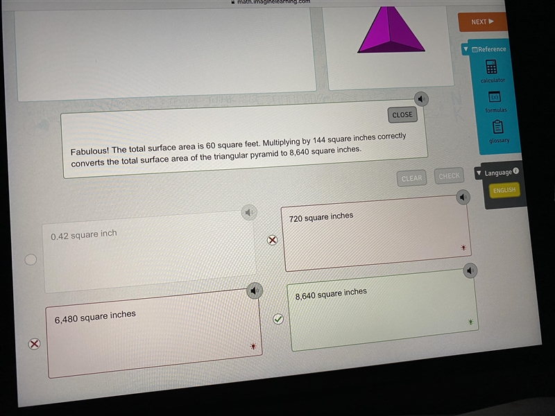 Find the total surface area of the triangular pyramid in square inches. Each face-example-1