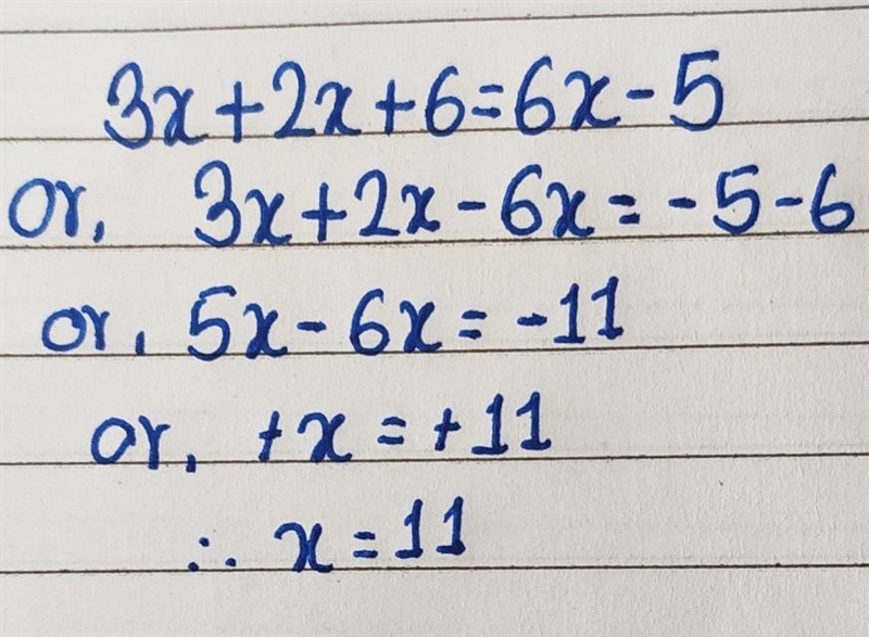 Equation B: 3x+2x+6=6x-5 ( does that have one solution, no solution, or many solutions-example-1