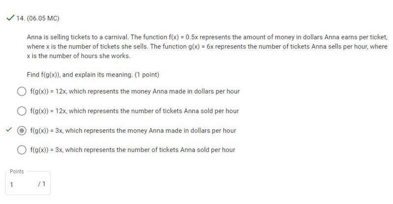 Anna is selling tickets to a carnival. The function f(x) = 0.5x represents the amount-example-1