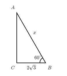 In the right triangle shown, ∠B=60° and BC = 2√3-example-1