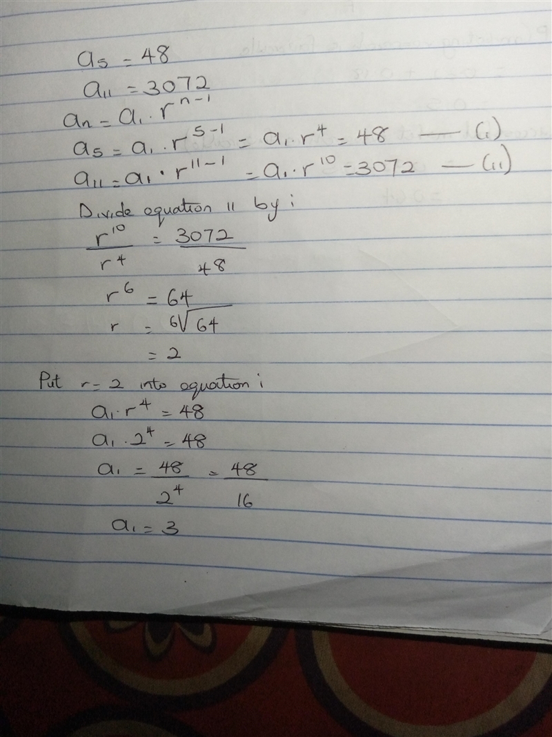 Given two terms from a geometric sequence, identify the first term and the common-example-1