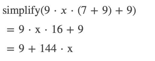 Simplify 9 x (7 + 9) + 9 81 153 80 154-example-1