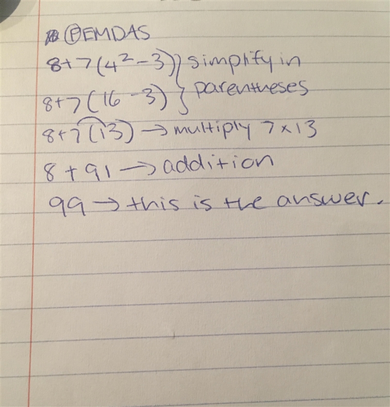 Simplify. 8 + 7 (4 [to the second power] - 3) Show Work.-example-1