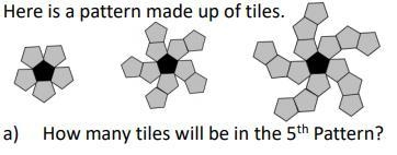 Here is a pattern made up of tiles. How many tiles will be in the 5th Pattern?-example-1