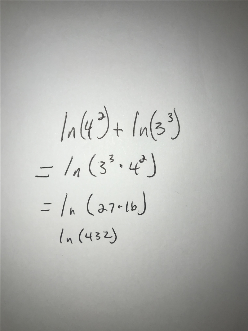 Simplify to a single logarithm, using logarithm properties: ln(4^2) + ln (3^3)-example-1