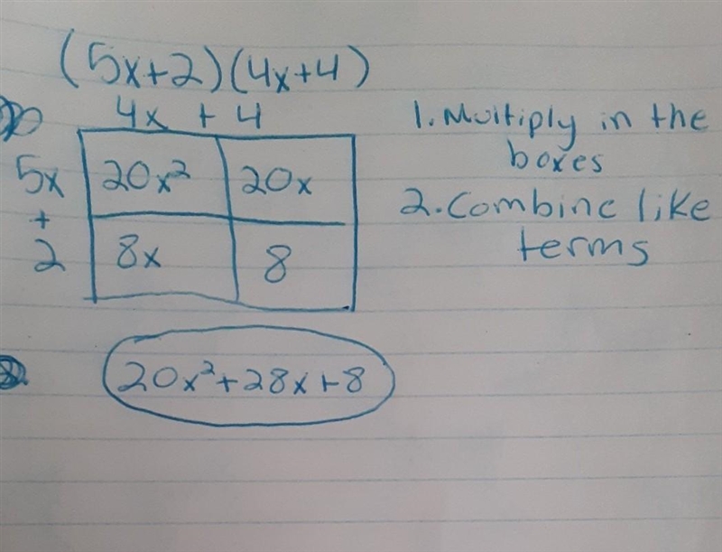 What is the product of the binomials below? (5x + 2)(4x +4)-example-1