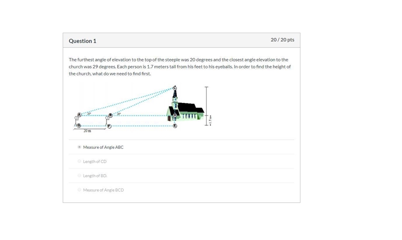 The furthest angle of elevation to the top of the steeple was 20 degrees and the closest-example-1