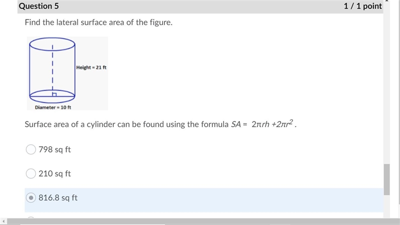 Find the lateral surface area of the figure. A. 798 sq ft B. 210 sq ft C. 816.8 sq-example-1