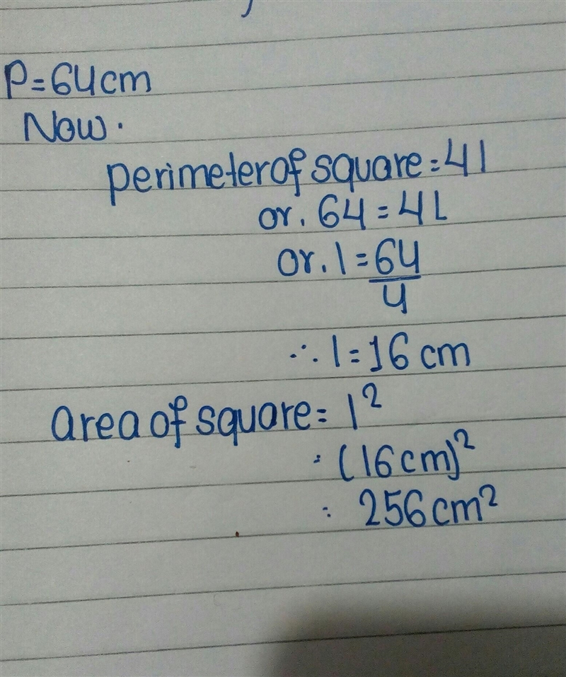 The perimeter of a square is 64 cm. Calculate the area of the square.-example-1