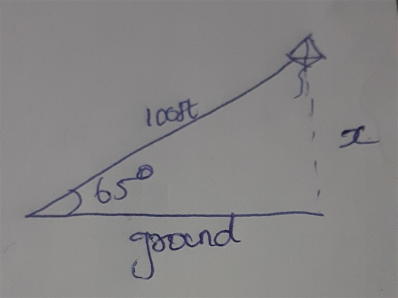 A kite is flying above the ground at the end of a 100 feet of string. If the angle-example-1