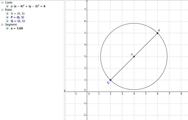 If P = (6,5) and Q = (2, 1) are the endpoints of the diameter of a circle, find the-example-1