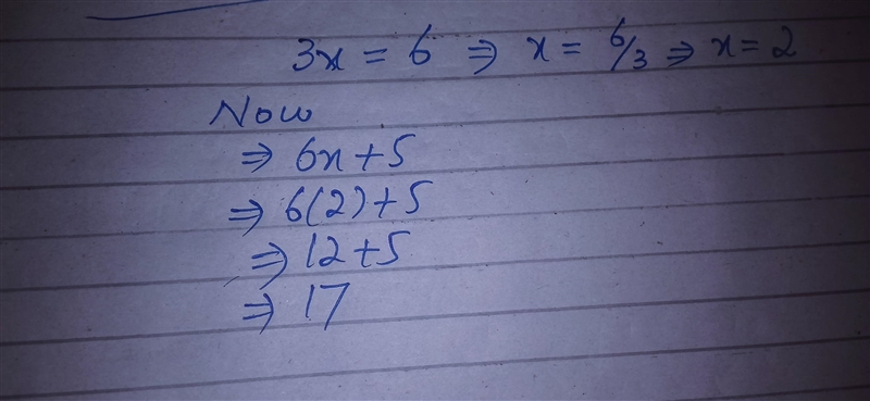 If 3x=6 what is the value of 6x+5-example-1