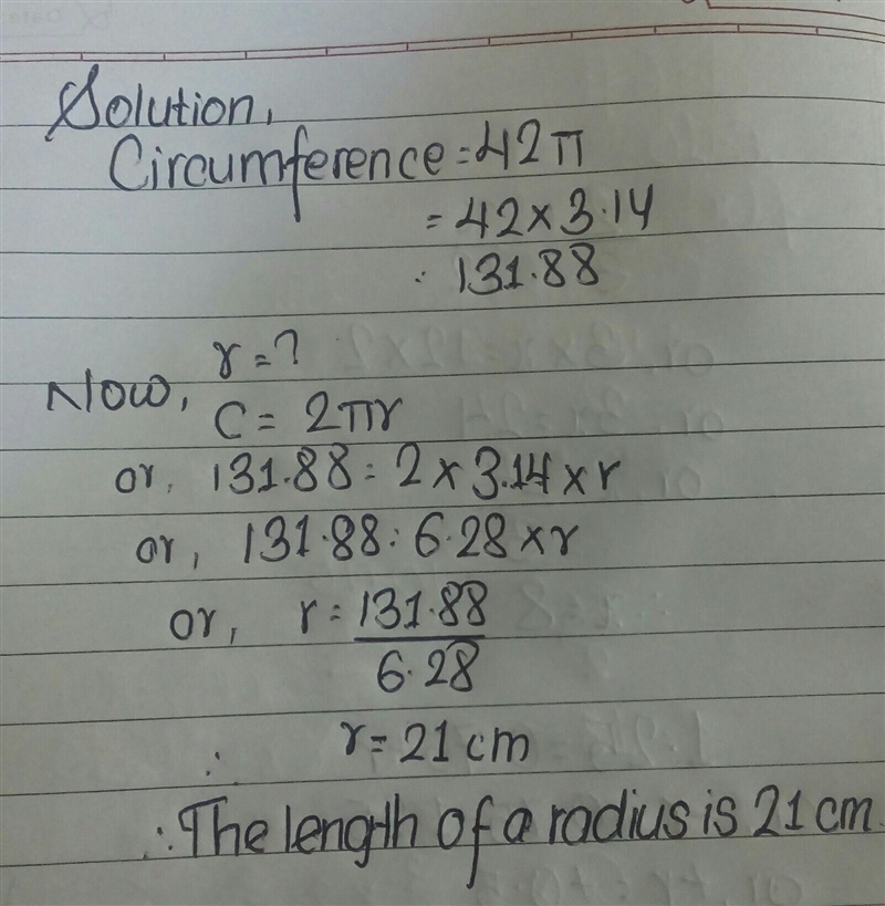 Circle o has a circumference of 42 pi What is the length of the radius, r? a. √21 cm-example-1