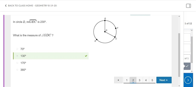 In circle D, mGEC is 230º. What is the measure of ∠GDC ? 70º 130º 170º 360º A-example-1