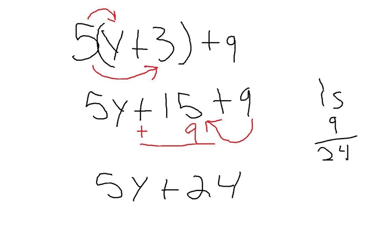 Which expression is equivalent to 5(y + 3) + 9? A) 5y + 15 + 9 B) 5y + 8 + 9 C) 5y-example-1