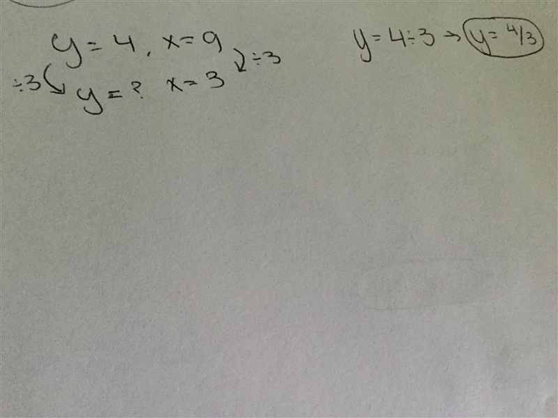 If y varies inversely with x, y=4 and x=9, find y when x=3.-example-1