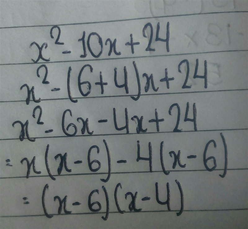 Question 1 The expression x2 - 10x + 24 is equivalent to (1) (x + 12)(x - 2) (3) (x-example-1