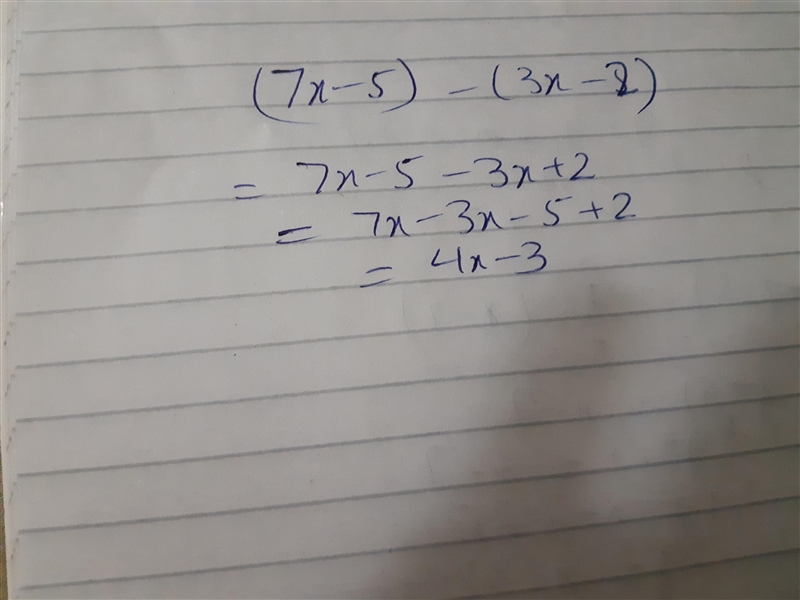 Which expression is equivalent to (7x – 5) – (3x - 2)? A B C D 10x - 7 10x - 3 4x-example-1