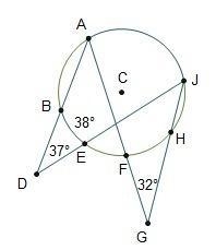 Circle C is shown. Secants A D and D J intersects at point D outside of the circle-example-1