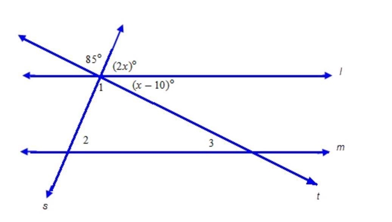 Lines l and m are parallel. Parallel lines l and m are cut by transversals s and t-example-1