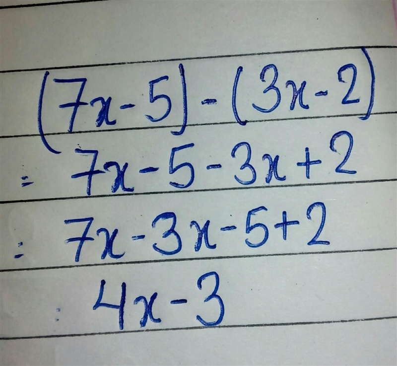 Which expression is equivalent to (7×-5) - (3x-2)​-example-1