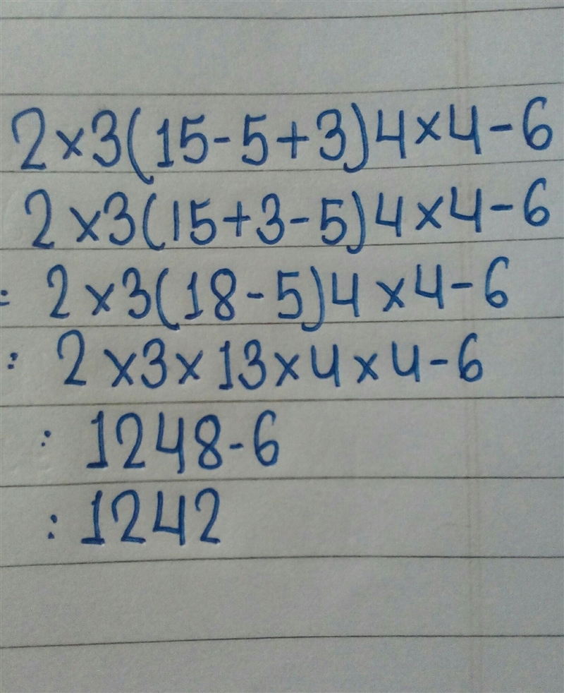 What is the answer to 2*3(15-5+3)4*4-6-example-1