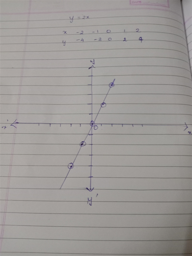 Graph y=2x, (5 plots) find the y- intercept sad state the domain sand range-example-1